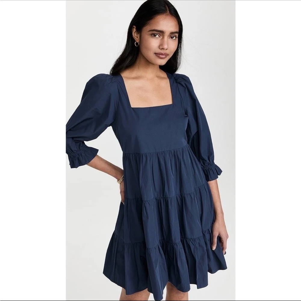 NWT Madewell Lizzie Poplin Blue Puff Sleeve Square Neck Tiered Babydoll Mini Sz6
